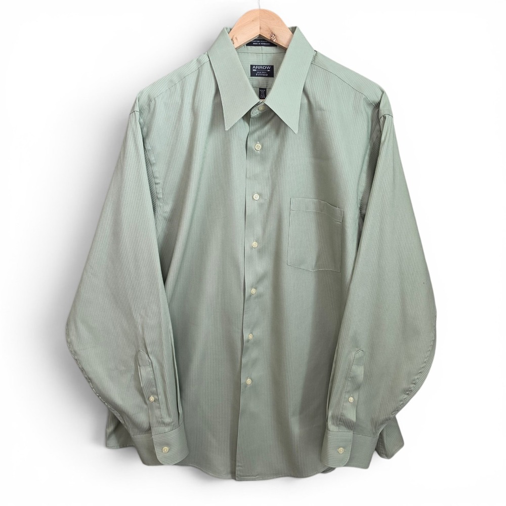 Arrow Dress Shirt Mens 17.5 34/35 XL‎ Green Button Fitted Wrinkle Free Career